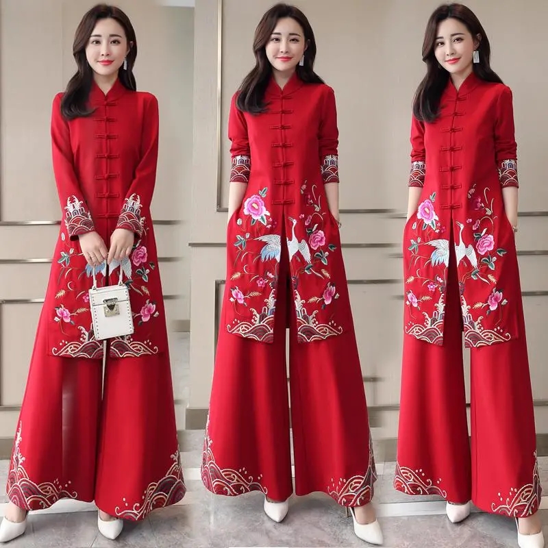 Embroidery Youtube - Longo estilo étnico cheongsam conjunto primavera