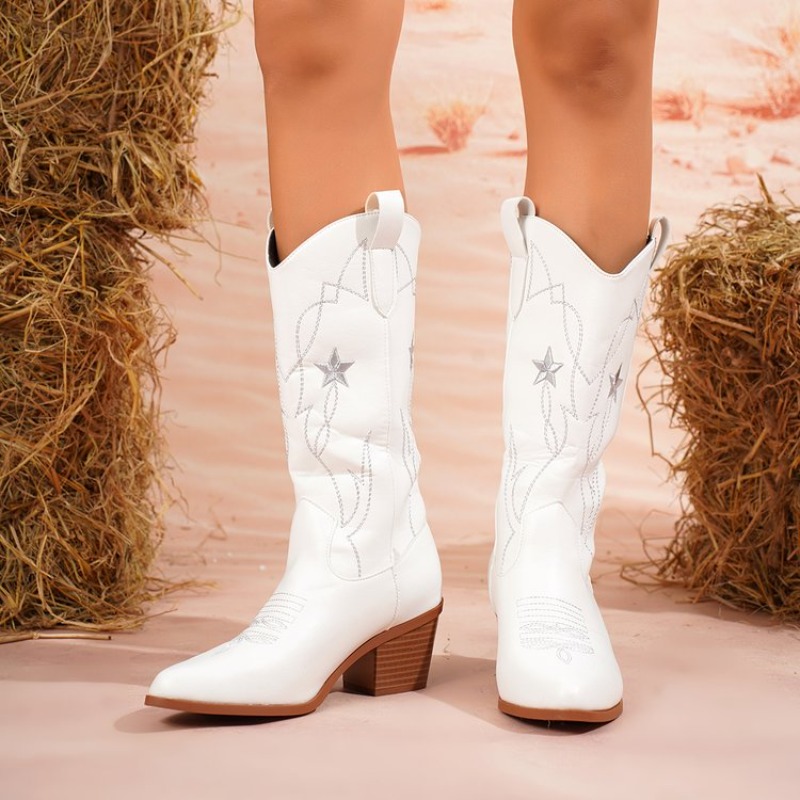 Embroidery On Leather - Botas Femininas de Cano Médio com