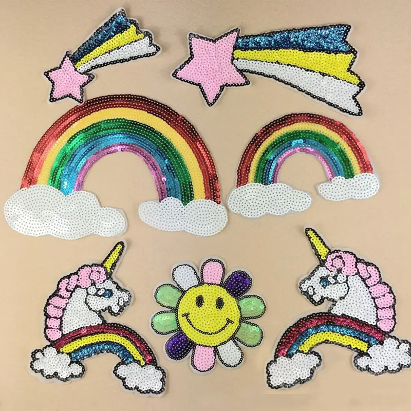 Embroidery Unicorn - Lantejoulas Bordados Patches para Roupas, Arco-íris,
