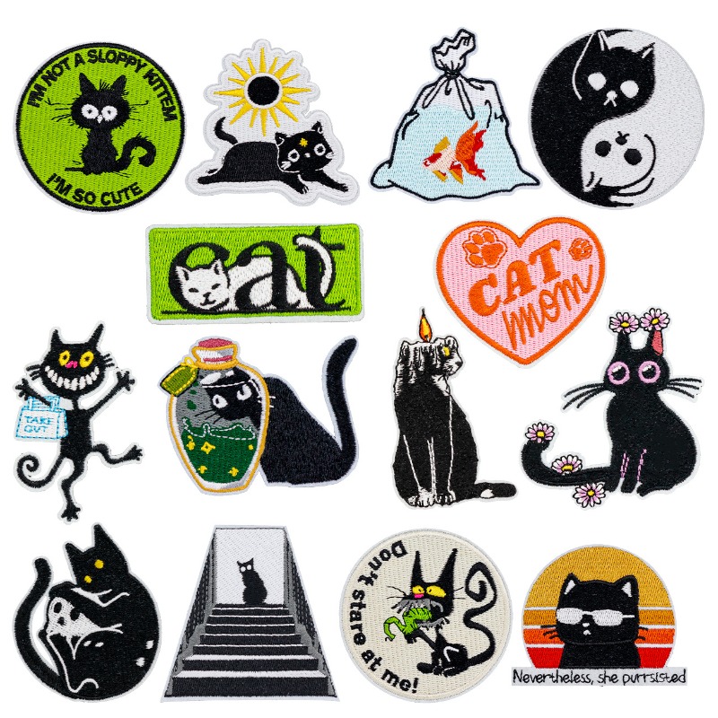 Engraçado gato preto redondo c - Embroidery On Black Shirt avaliação e preço