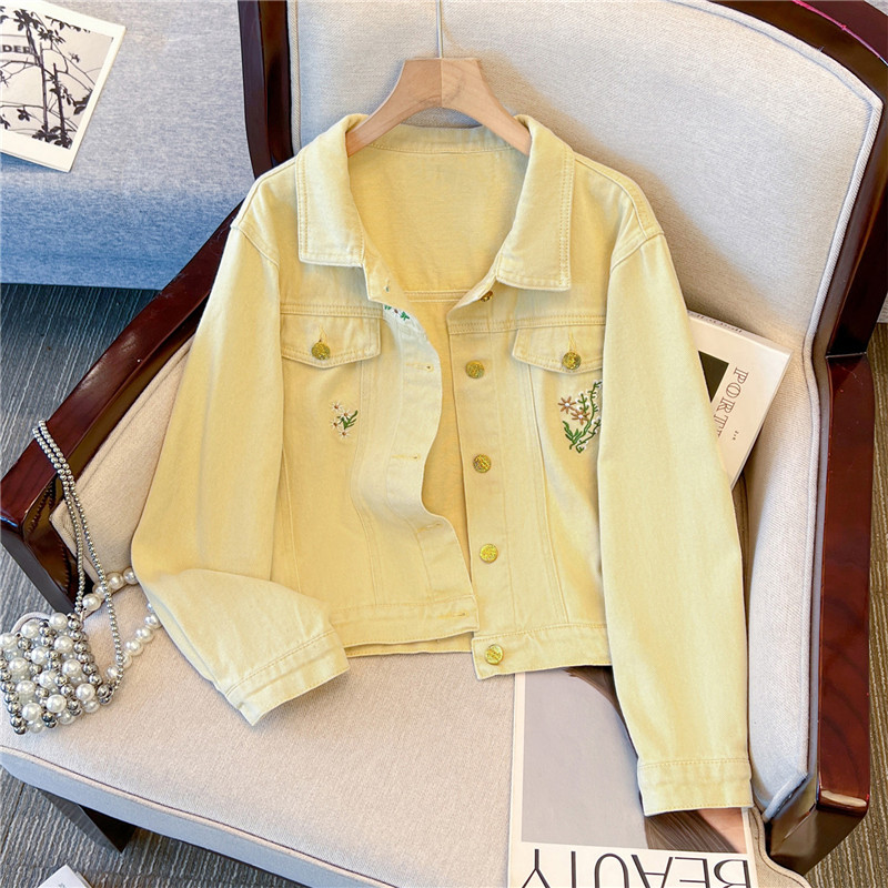 Jaqueta Jeans Curta Amarela Fe - Embroidery Yellow Flower avaliação e preço